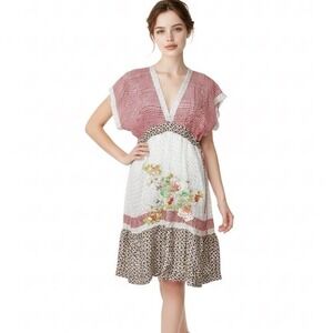 Johnny Was Embroidered Floral Bohemian Kaftan Dress M Red White Brown Silk